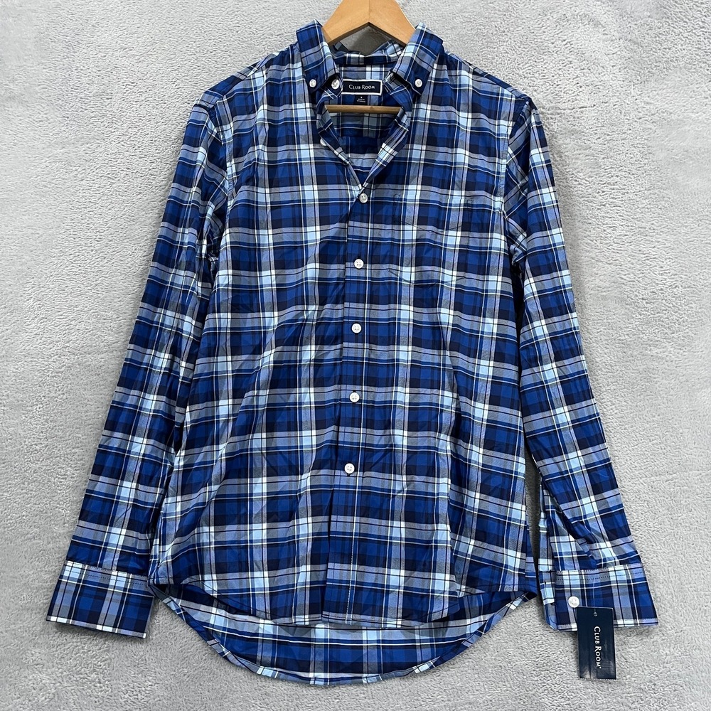 Club Room Shirt Mens Small Perfromance Nylon Plaid Blue Long Sleeve Academia NEW